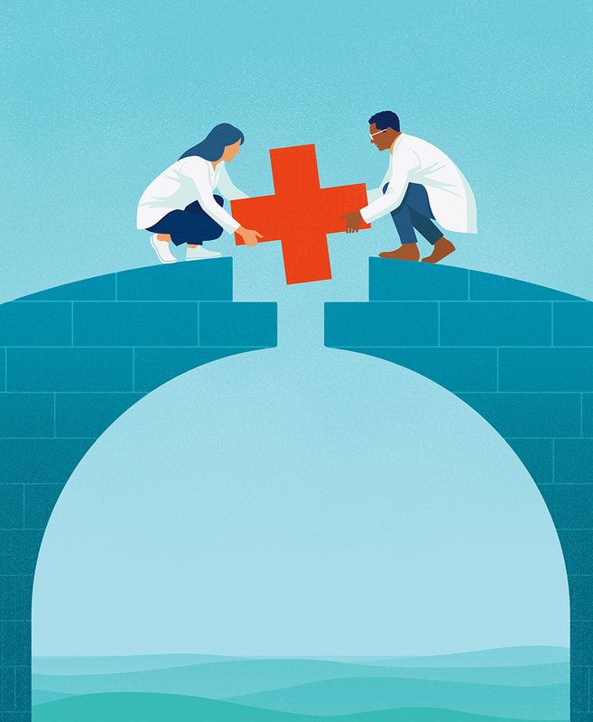 Two doctors placing a red cross into a bridge
